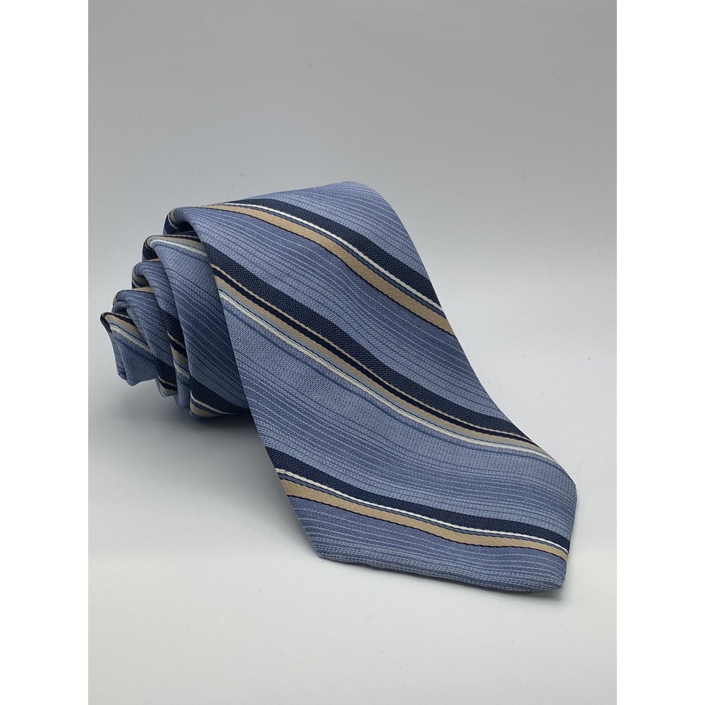 Vtg Johnny Carson Luxury Tie Blue Tan Striped Polyester Necktie 56" L 3.25" W